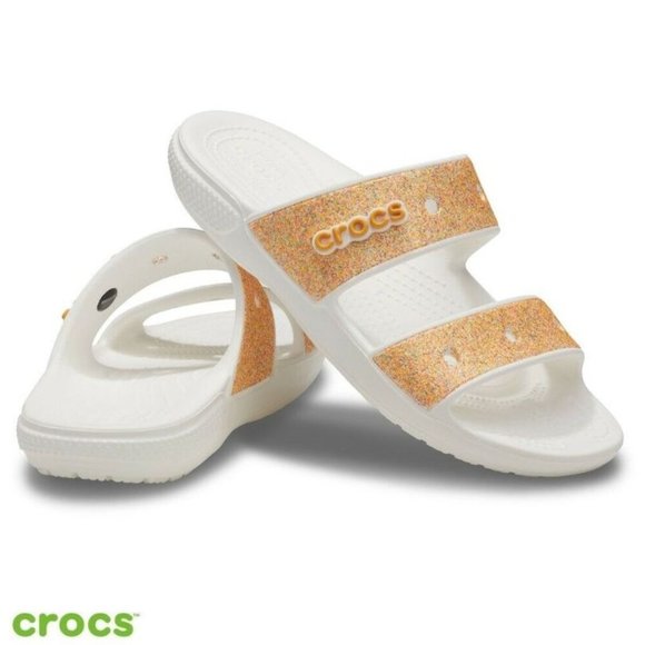 CROCS Shoes - CROCS Classic Glitter Sandal White/Orange Sherbet Slip On Slide Sandal Size W 11